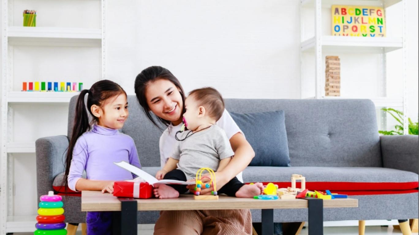 Happy family and Mother's day concept, daughter, mom, and baby enjoy together.